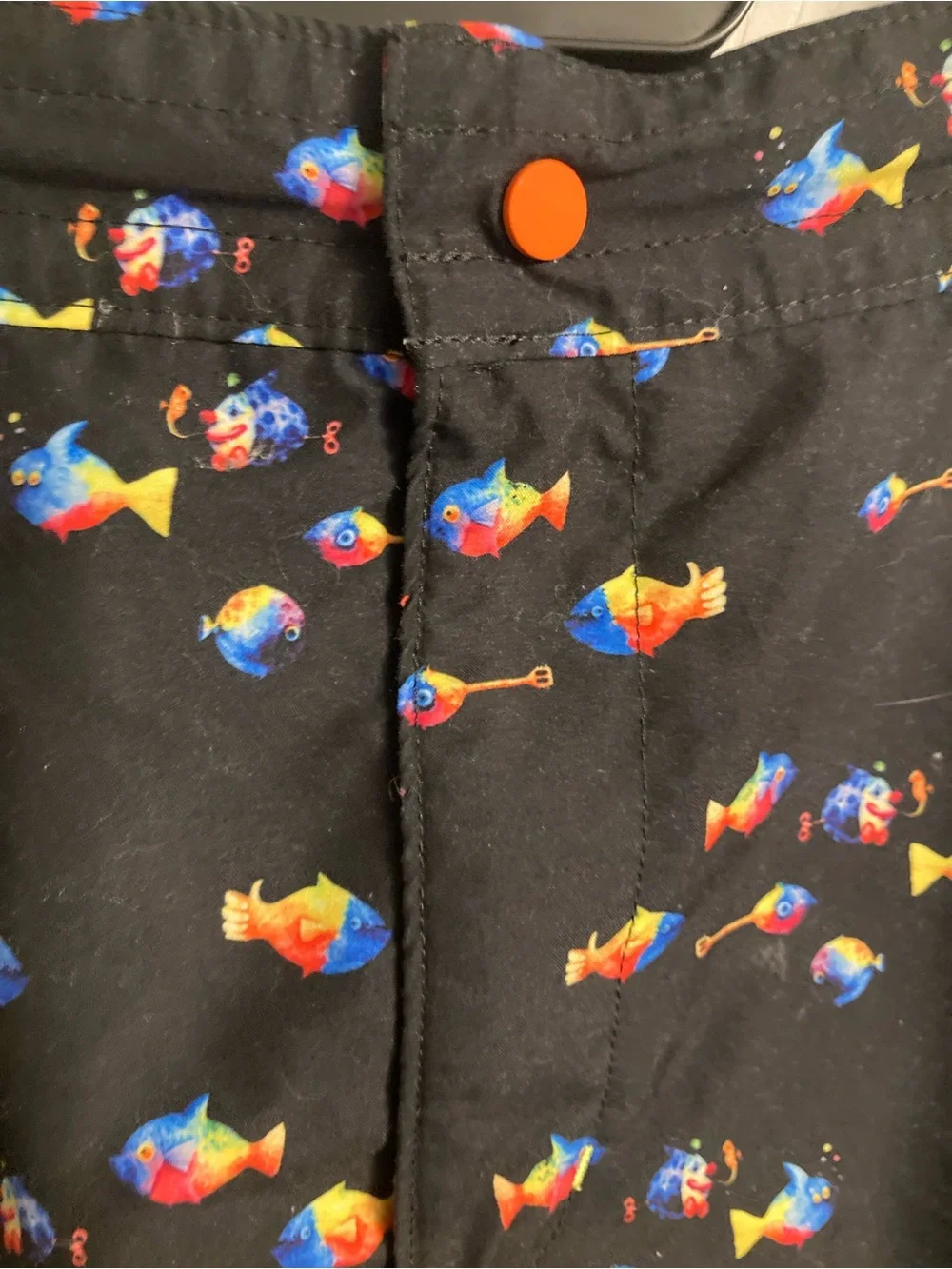 Robert Graham Black Swim Board Shorts with Colorful Fish Print